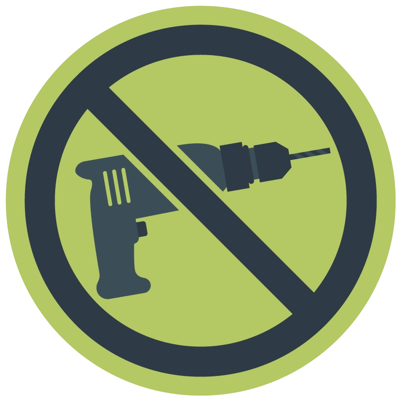 Pictogramă cu bormașină barată, indicând montaj fără perforare