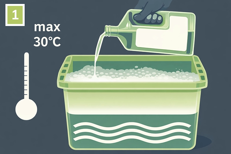 Pregătirea apei pentru curățarea delicată a roletelor plisse, cu temperatura recomandată de 30° C și detergent delicat