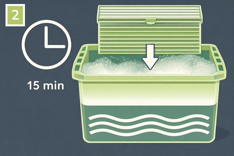 Roleta plisse este scufundată în apă timp de aproximativ 15 minute ca parte a curățării delicate.