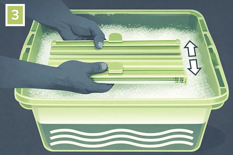 Mâinile clătesc delicat roleta plisse în apă, ca parte a curățării fine fără perie și fără frecare puternică.