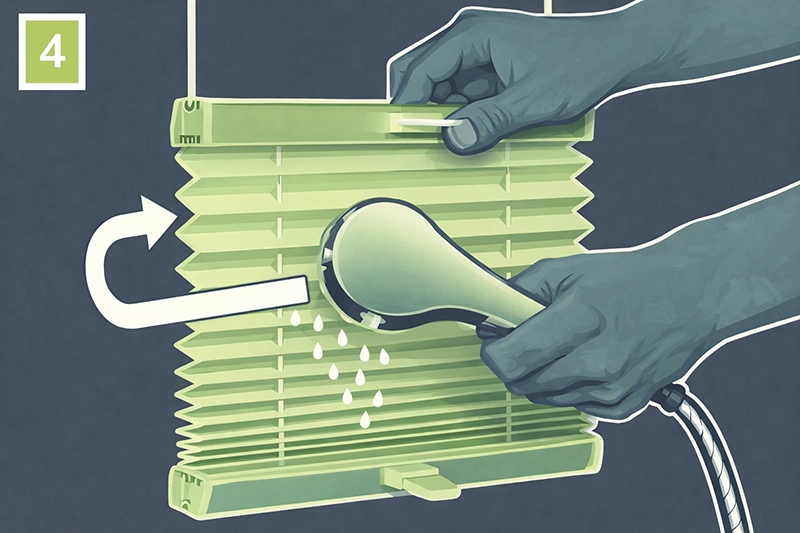 Roleta plisse este clătită cu apă curată de la duș pentru a îndepărta urmele de detergent din timpul curățării delicate.