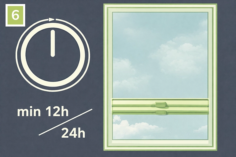 Roleta plisse atârnată în poziție desfăcută se usucă natural timp de 12 până la 24 de ore, departe de radiator și aer fierbinte