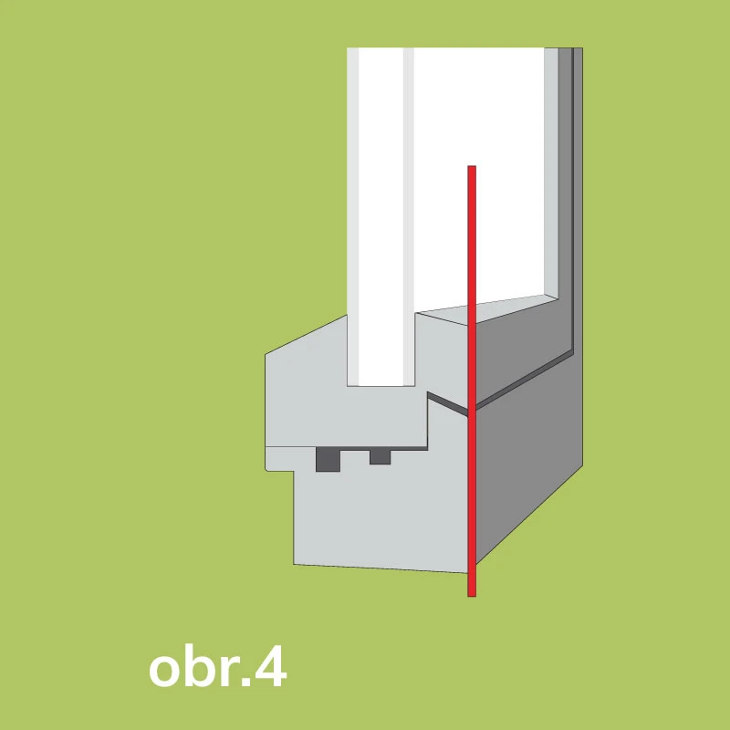 Ilustrație tehnică a profilului ferestrei cu evidențiere verticală a locului unde construcția nu permite montarea plasei anti-insecte