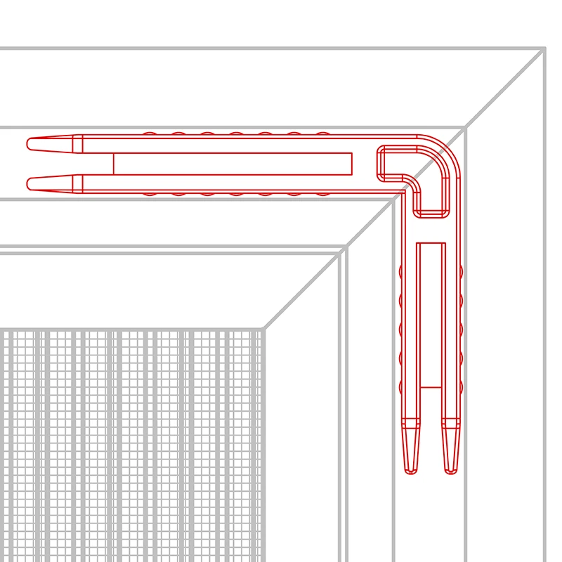 Detaliu al îmbinării de colț a plasei plisse anti-insecte CLICK cu conector interior de colț și ramă secționată la 45° pentru o montare precisă și solidă.
